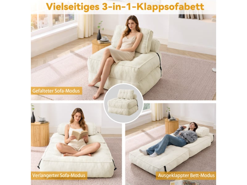  Fauteuil de sol pliant 2 en 1 en velours côtelé – un canapé pliant confortable avec dossier réglable, lit d'appoint multifonctionnel et fauteuil de salon.  - Conforama E