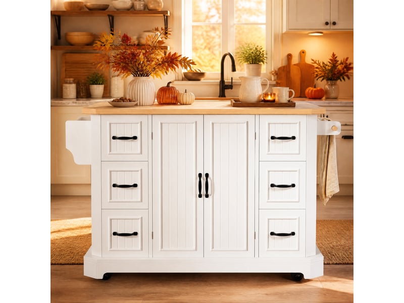  Îlot de cuisine avec 1 placard 2 portes, 6 tiroirs et 5 roulettes - lpospi - rangement mobile - mdf et métal - blanc  - Conforama B