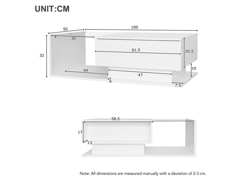 Table basse brillante en panneaux de particules avec lumière led,plateau en verre,compartiment ouvert et 1 tiroir,blanc table basse blanc - Conforama C