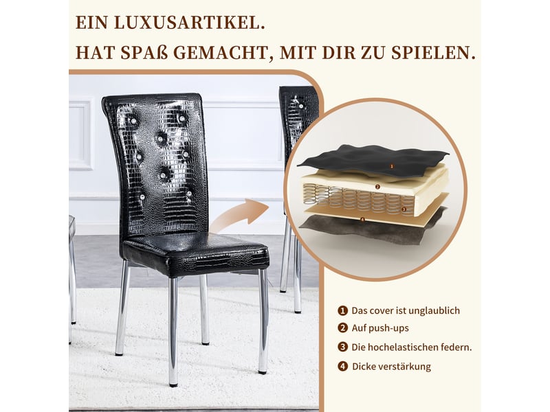  Lot de 4 chaises de salle à manger rembourrées à motif alligator avec boutons cristal, en pvc et métal noir  - Conforama E