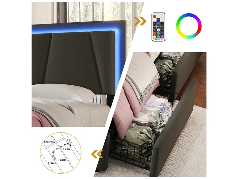  Lit simple 90x200 avec led et 2 tiroirs, tête de lit réglable en hauteur, cadre en bois, gris  - Conforama C