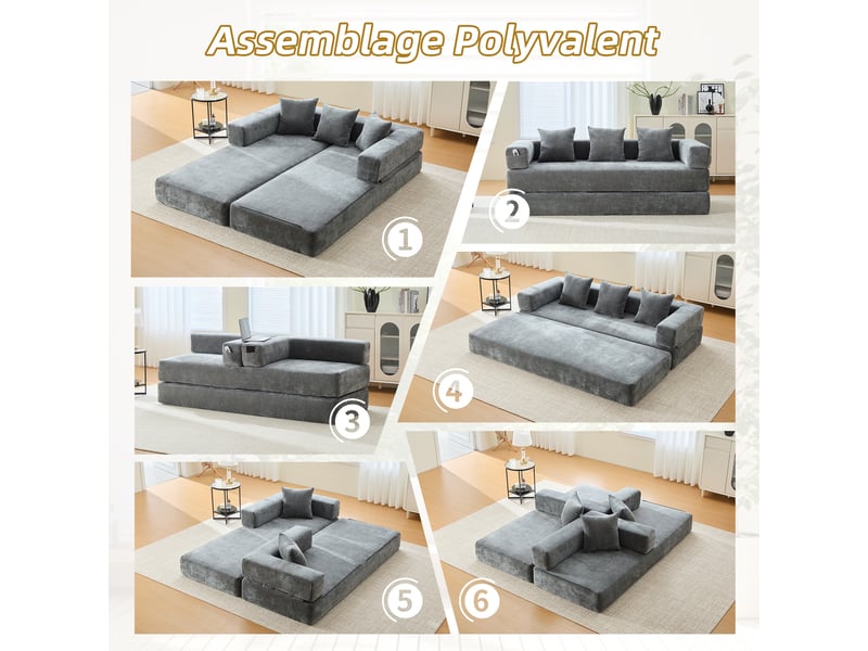  Canapé modulable en chenille gris foncé 198 x 79 x 60 cm, convertible avec poches latérales et base antidérapante 198x79x60cm - Conforama D