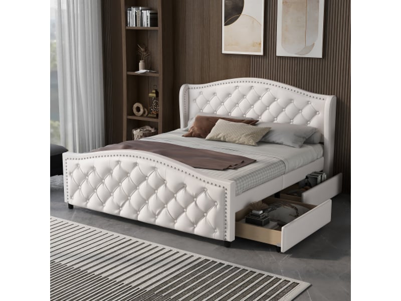 Lit adult 160x200cm, lit double avec 2 tiroirs de rangement et sommier, style design, pu blanc, sans matelas - Conforama B