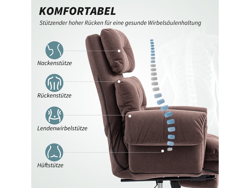  Chaise de bureau avec dossier réglable, chaise de bureau à roulettes rembourrée, fauteuil rembourré, réglable en hauteur, acier, marron  - Conforama E