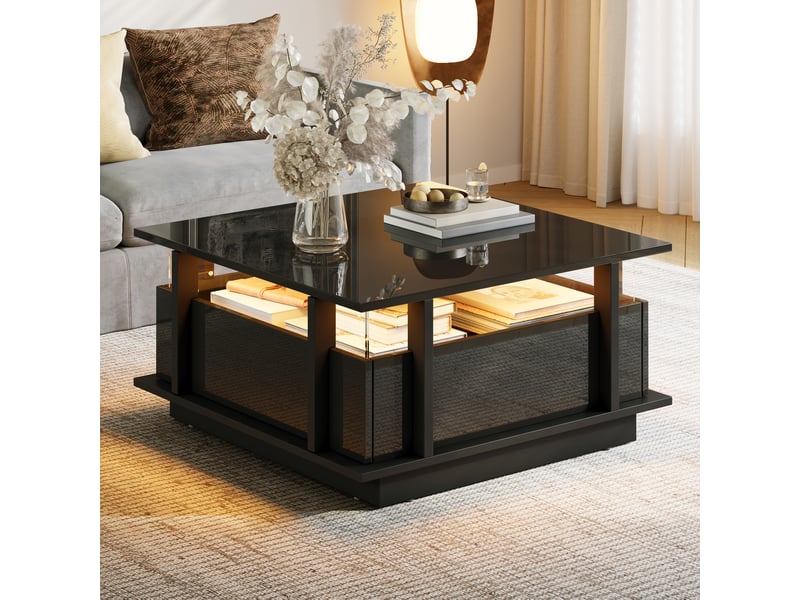 Table basse carrée 70x70x35 cm - finition laque brillante noire - led intégrée - 2 tiroirs - rangements acrylique - structure panneaux de particules - noir BUYDEEMEUS - Conforama B