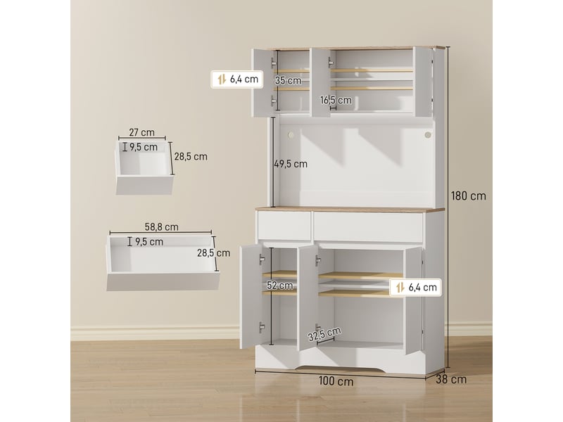  Buffet cuisine meuble cuisine rangement haut avec lumière led rgb, plan de travail, 2 tiroirs, 6 portes, blanc  - Conforama C