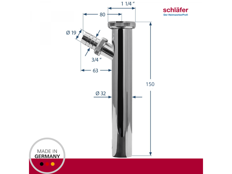  Schläfer 439004-raccord siphon en laiton 1 14 x diam. Ø32mm x 150mm chromé avec prise évacuation pour machine à laver, tuyau de siphon  - Conforama C
