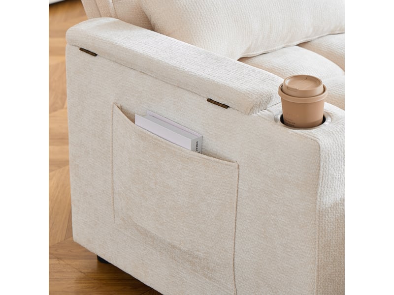 Canapé droit convertible 2 places 3-en-1 beige en velours côtelé, rangement et porte-gobelets intégrés - Conforama D