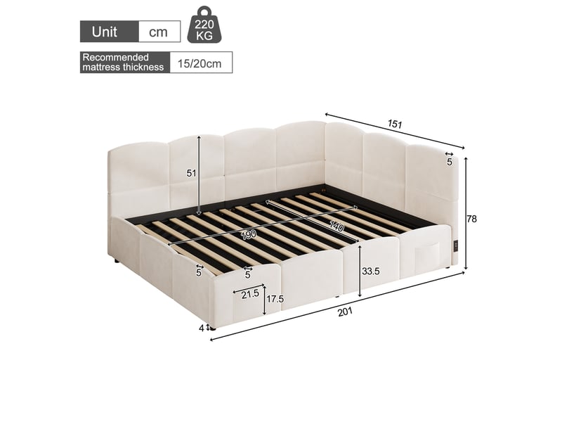  Lit coffre 140x190 cm avec rangement hydraulique, ports usb-a et usb-c, poches pratiques, velours beige  - Conforama C