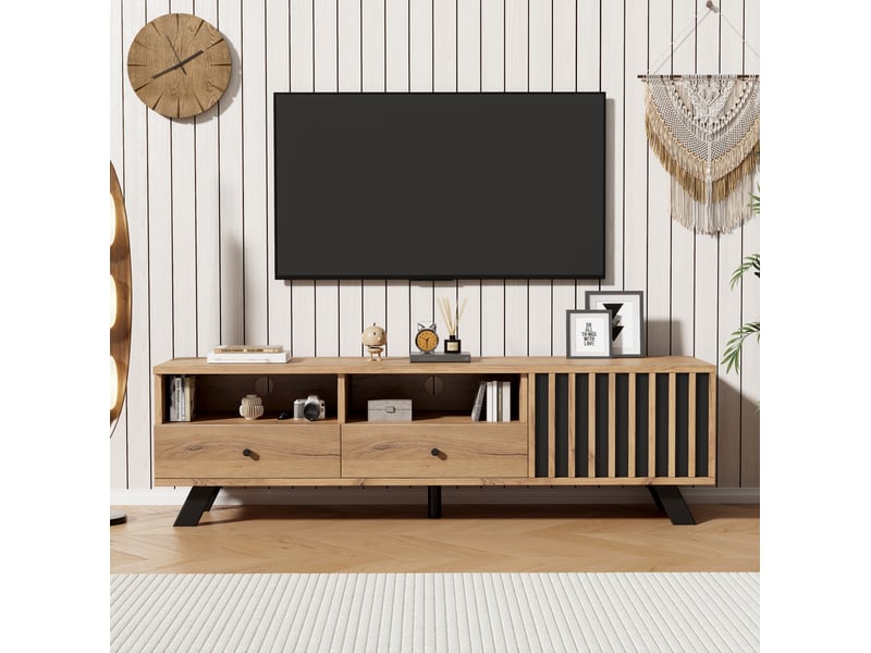  Meuble tv avec 2 tiroirs, 1 placard et 2 niches semi-ouvertes pour salon, bois naturel et noir, 150 × 38 × 44 cm  - Conforama C