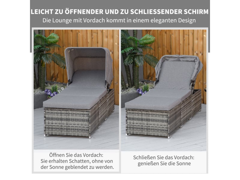 Chaise longue de jardin en résine tressée grise, pare-soleil réglable, coussin, 195 x 65 x 40 cm - Conforama E