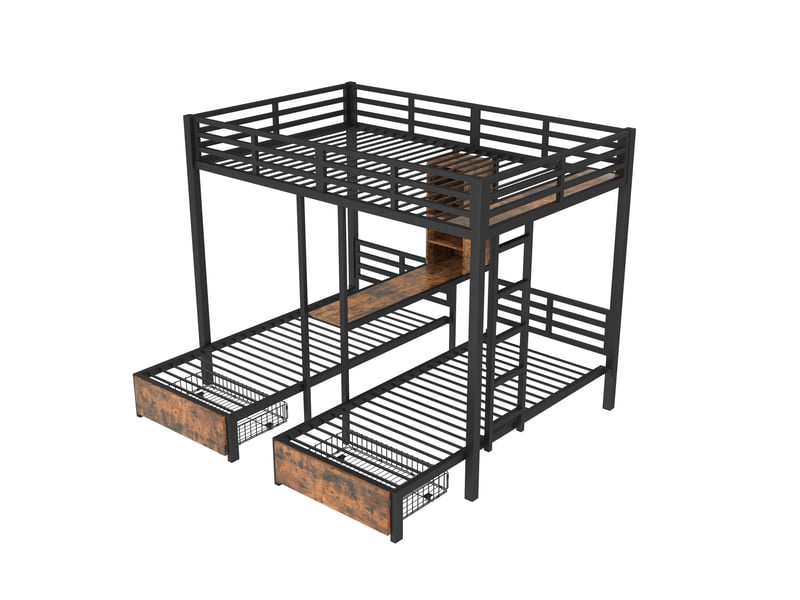  Lit superposé triple noir 140 × 200 + 90 × 200 cm, 2 tiroirs et rangements  - Conforama D