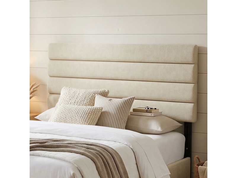  Tête de lit matelassée hauteur réglable 3 niveaux dim. L.140 x p.10 x h.106116126 cm tissu beige  - Conforama D