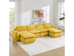 Canapé panoramique en u 4 places modulable avec 2 ottomanes - sans cadre, chenille jaune