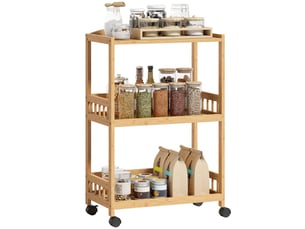 Chariot de cuisine roulant à 3 niveaux avec rangement et étagères en bois naturel pour cuisine salle de bain ou bureau