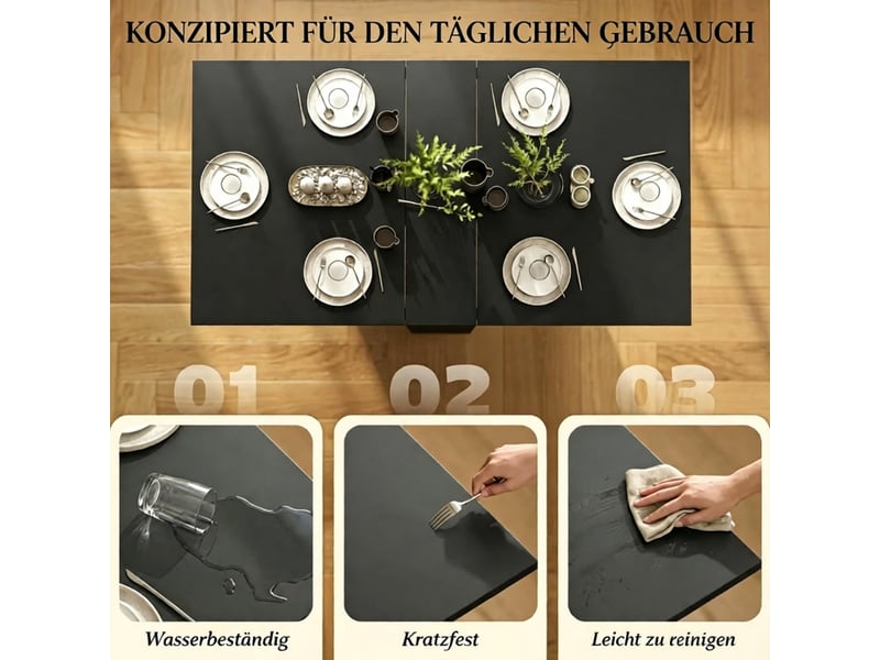 Table à manger extensible avec 2 plateaux relevables et roulettes, espace de rangement, cuisine et salle à manger, noir - Conforama E