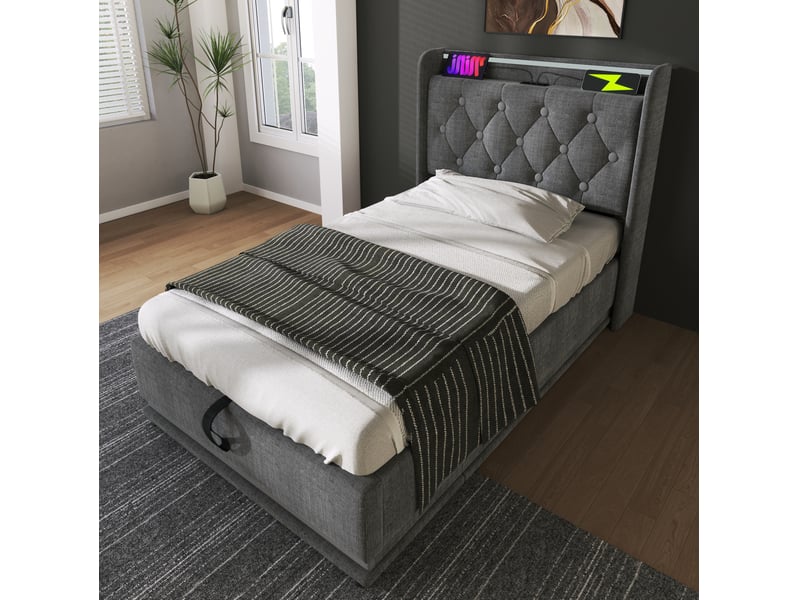 Modenvie lit coffre 90x200 cm - led 360, usb et usb c, avec matelas - rangement intégré - gris  - Conforama B