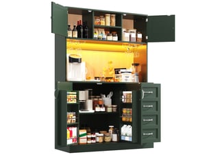 Buffet de cuisine vert 120x40x188cm, meuble de rangement avec led, 4 portes et 2 tiroirs, étagère à snacks, poignées argentées.
