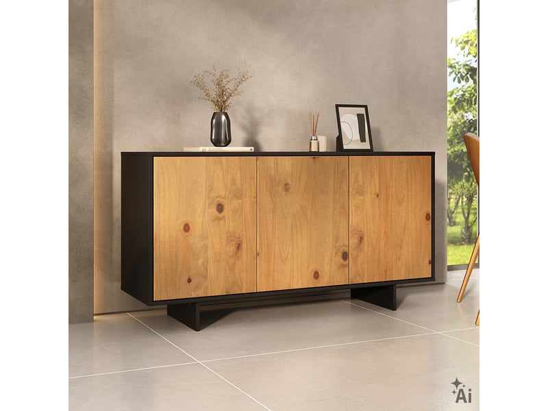  Buffet arto l 137 cm 3 portes en bois massif - noir et chêne  - Conforama C