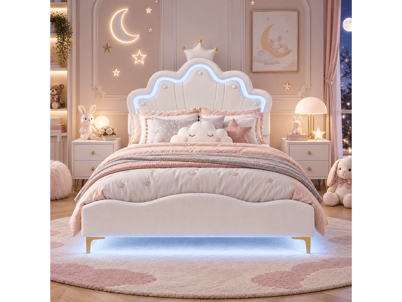  Lit fille 140x190cm avec sommier led réglables - lit simpledouble enfant avec tête de lit réglable en hauteur - sommier à lattes - lit 140x190 cm - lumineuse led - lit fille avec tête de lit réglable - lit princesse en forme cou…  - Conforama B