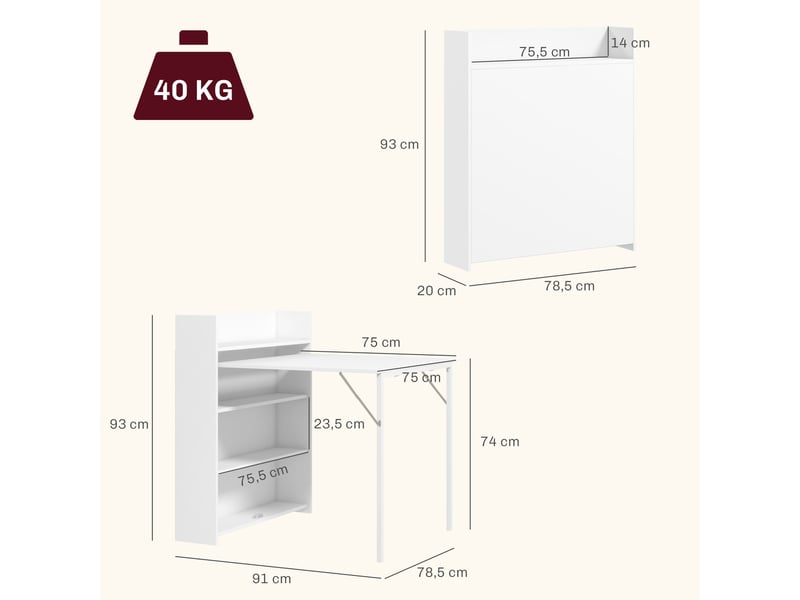  Table à manger pliante, table de cuisine pour 3 personnes, plateau à abattant et 4 étagères, 78,5x91x93cm, blanc  - Conforama E