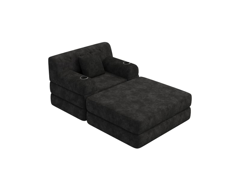  Fauteuil-lit 1 place avec pouf, velours côtelé noir, fonction inclinable, dossier haut, cadre métal, mousse haute densité, porte-gobelets et poches latérales  - Conforama D