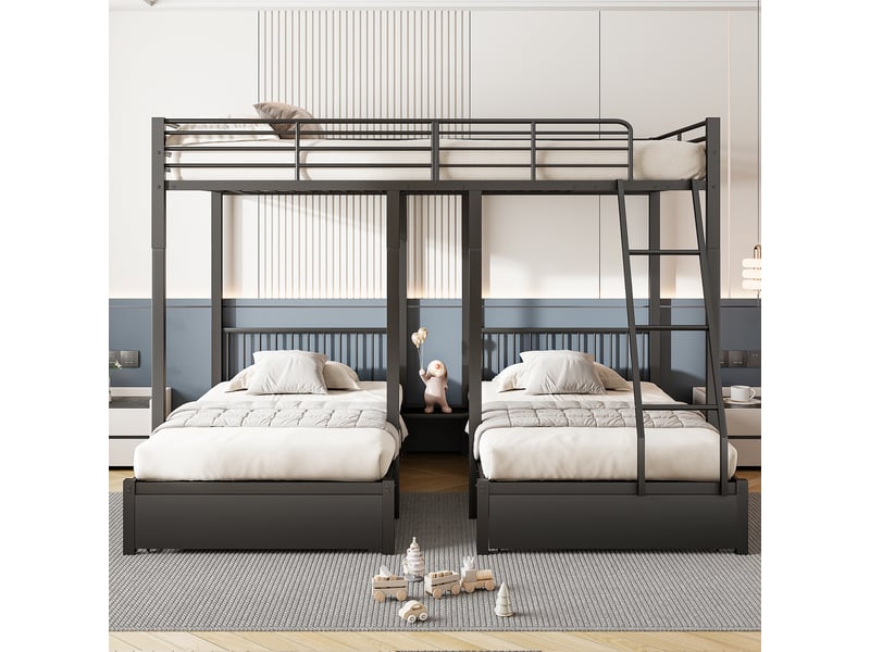  Lit superposé 3 places 140 × 200 cm et 90 × 200 cm, 2 tiroirs, transformable, sans matelas, métal noir  - Conforama C