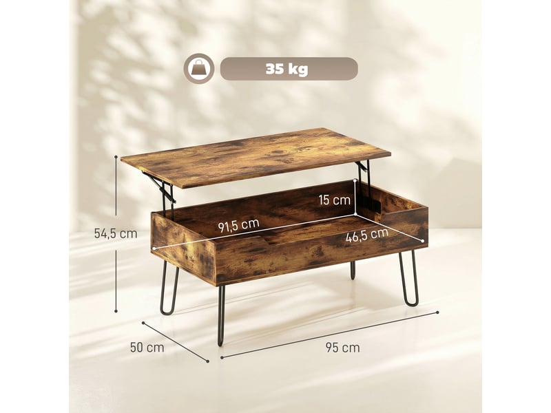  Table basse relevable en bois avec grand rangement caché, hauteur réglable, marron rustique, 95 x 50 x 40 cm  - Conforama C