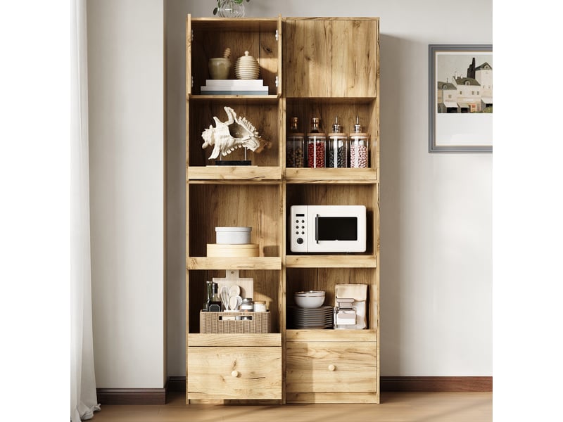  Armoire de cuisine micro-ondes 50x45x200 cm - 2 portes - 3 paniers coulissants - 1 tiroir - mdf - bois naturel  - Conforama E