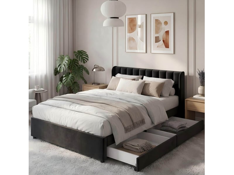  Lit 140 x 200 cm en velours noir avec sommier à lattes, tête de lit et 2 tiroirs  - Conforama C