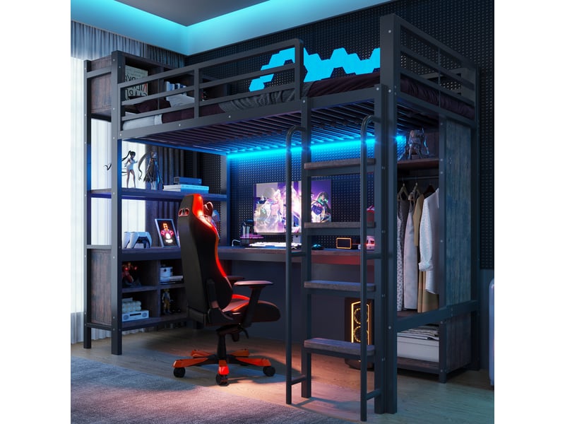 Lit mezzanine gaming 140x200 cm avec bureau intégré,armoire,étagères,led,prises européennes,barrière de sécurité haute,noir - Conforama B