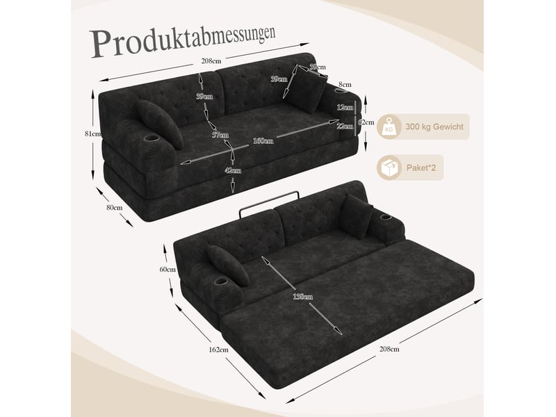  Canapé convertible 3 places avec dossier haut, porte-gobelets et poches latérales en velours côtelé noir  - Conforama C
