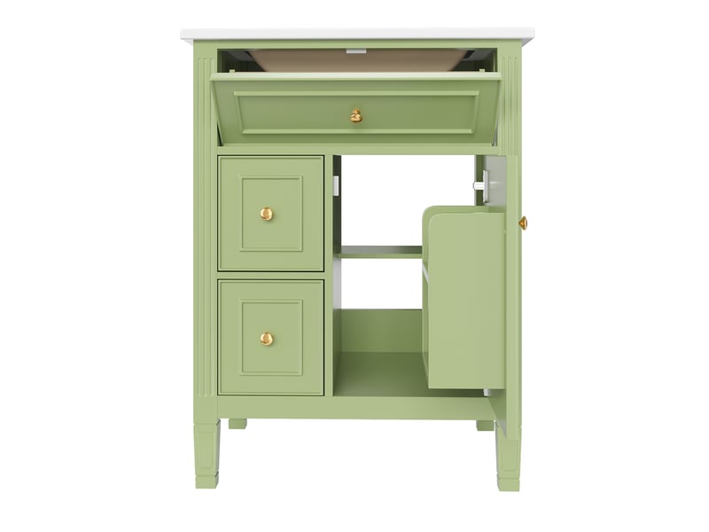 Meuble sous-vasque sur pieds 61 cm vert brillant, céramique et mdf, tiroir basculant, 2 tiroirs et porte fermeture douce - Conforama A