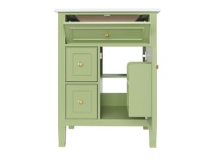 Meuble sous-vasque sur pieds 61 cm vert brillant, céramique et mdf, tiroir basculant, 2 tiroirs et porte fermeture douce