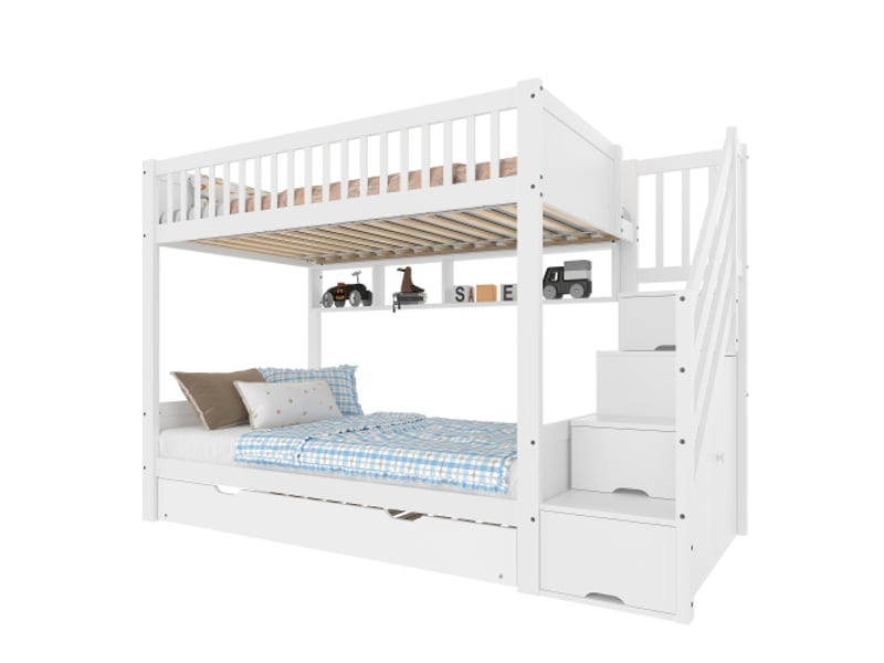  Lit superposé (sans matelas), lit enfant, avec lit gigogne, avec étagère, avec penderie, avec compartiment de rangement, 90 x 200 cm, blanc  - Conforama A
