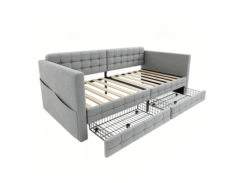  Lit banquette 90 × 190 cm, velours capitonné, 2 tiroirs, poches latérales, sommier à lattes, gris clair, avec rangement  - Conforama E