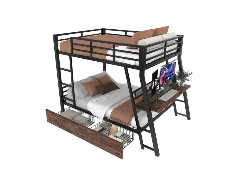  Lit mezzanine 140 x 200cm sans matelas, structure métal, led, tiroirs, bureau, échelle, noir  - Conforama A