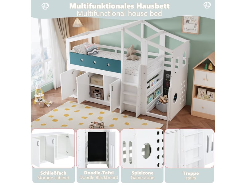  Lit enfant 90 x 200 cm lit simple mi-hauteur forme maison espace de jeu armoire de rangement échelle structure en bois  - Conforama E