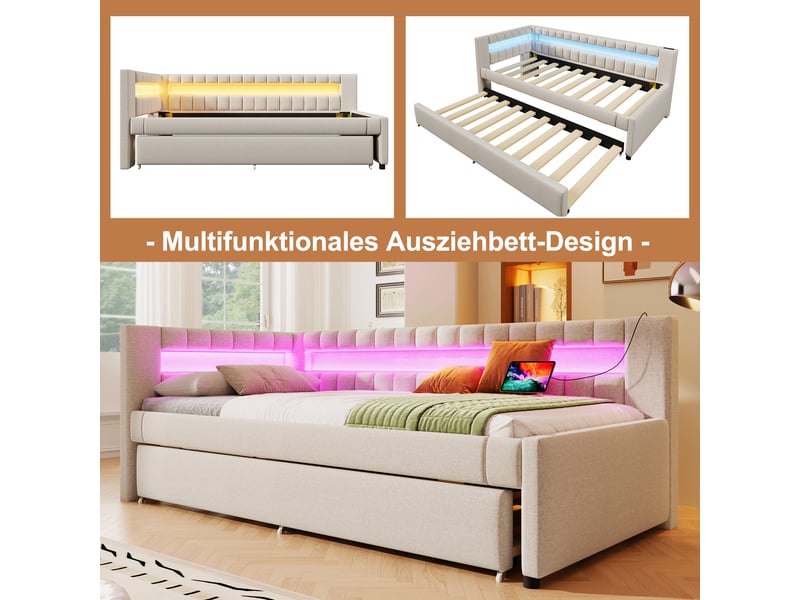  Lit de jour 90x200 avec lit gigogne et led - ports usbtype-c, lin beige  - Conforama E
