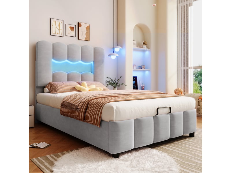  Lit rembourré 90 x 200 cm sans matelas, éclairage led, coffre hydraulique, tête réglable, velours gris  - Conforama E