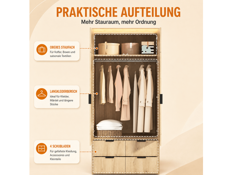  Armoire 2 portes avec miroir, 4 tiroirs et éclairage led pour chambre, en mdf décor chêne, 90 × 47 × 200 cm  - Conforama E
