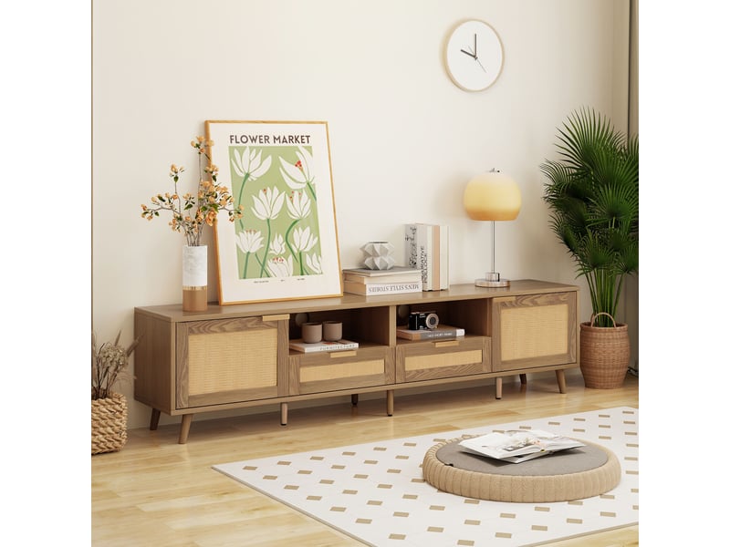  Meuble tv rotin 200 cm avec 2 portes et 2 tiroirs - pieds en bois massif - style rustique moderne  - Conforama E