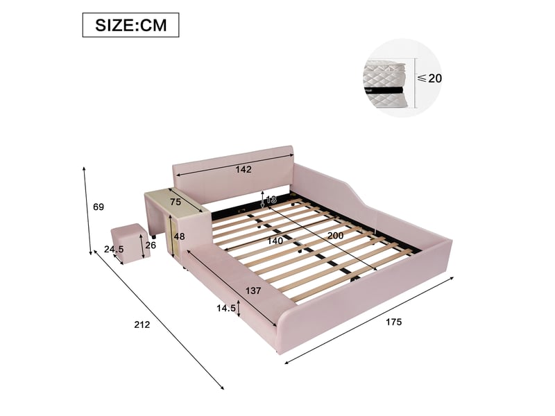  Lit enfant, 140x200 cm, espace nuit, avec bureau, tabouret, tablette, lattes, matelas non inclus, bois, coloris rose  - Conforama C