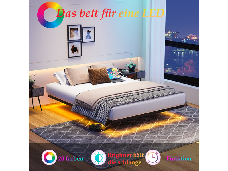 Lit 120x200 cm avec cadre métallique, plateforme à lattes, tête de lit lumineuse led et station de charge, noir  - Conforama E