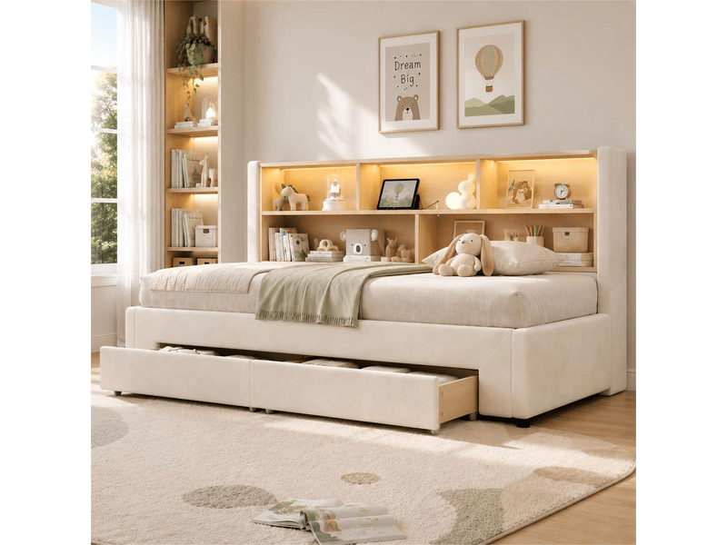  Lit gigogne 90x200 cm lit banquette extensible 180 cm avec 2 tiroirs, usb et led, velours beige ABC - Conforama E