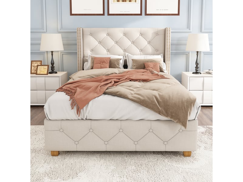  Lit simple 90x200 cm - lit simple avec sommier à lattes et tête de lit boutons - lin - sans matelas - beige  - Conforama B