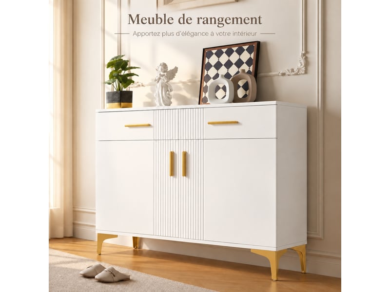 Buffet 2 portes 2 tiroirs, façades rainurées, poignées et pieds en métal doré, blanc, 80 x 35 x 79,5 cm - Conforama B