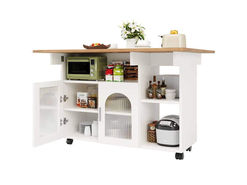  Îlot de cuisine avec plateau rabattable et desserte de cuisine sur roulettes, meuble de rangement blanc en mdf avec portes en verre, 120x70x79.5cm  - Conforama D