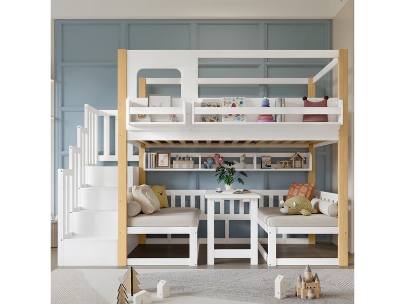  Lit enfant superposé 90x200 cm, pin et mdf, bureau pliant, marches de rangement et garde-corps  - Conforama D