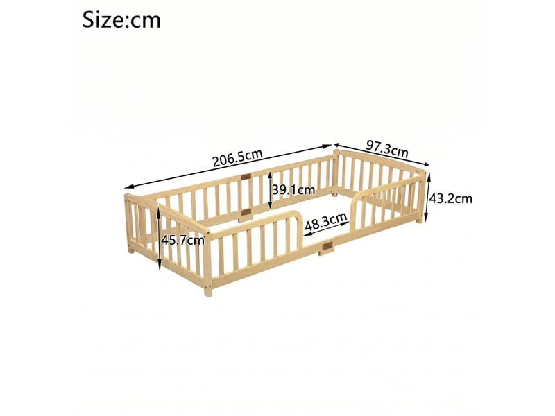 Lit enfant au sol 90x200 cm en bois avec barrières de sécurité, naturel - Conforama C